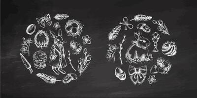 Chalkboard Easter circle compositions with bunnies, eggs, flowers, and festive decorations in vintage sketch style vector