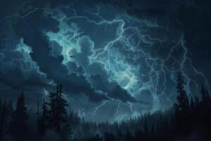 A dark forest with lightning and clouds photo
