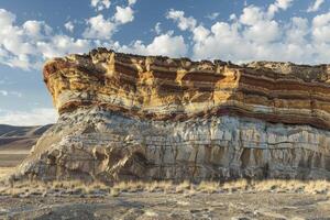 A rock formation in the desert with a blue sky photo