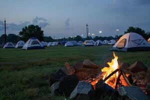 A campfire is lit in the grass with tents and tents photo