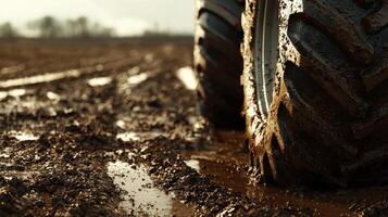 Rugged Tractor Tire Navigating Muddy Plowed Field Showcasing Durability and Earthy Textures photo