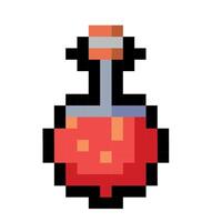 Pixel art red potion bottle with retro gaming style and fantasy magic theme. Game interface, pixelated life bar and menu button. Button 8 bit pixel vector
