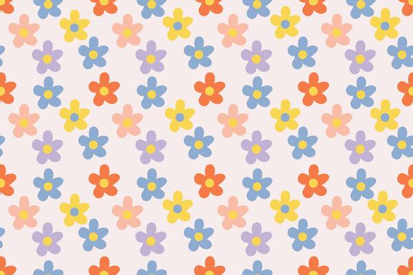 floral pattern with colorful daisy flowers on white background in retro vintage design. Design for wallpaper, cover, cards, packaging, flyer.