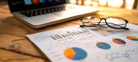 Financial Analysis with Pie Charts and Bar Graphs on Wooden Desk for Business Reports and Presentations photo