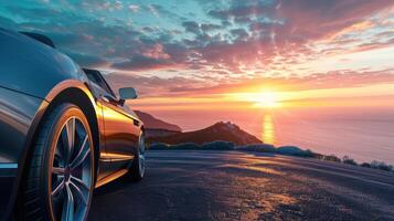 Luxury Car on Coastal Road at Golden Hour with Scenic Ocean Backdrop for Design Use photo