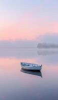 Peaceful Dawn. Serene Boat on Misty Lake Reflecting Pastel Sky - Tranquil Solitude Scene for Prints photo