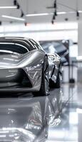 Futuristic Concept Car with Innovative Design in High-Tech Urban Exhibition Setting photo
