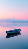 Serene Dawn. Solitary Boat on Misty Lake Reflecting Pastel Sky Colors for Tranquil Decor photo