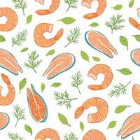 shrimp, salmon and herbs pattern vector