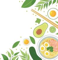 a bowl of noodles with eggs, avocado with copy space vector