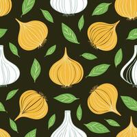 onion and garlic pattern on dark background vector