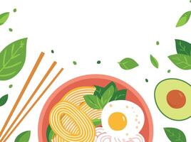 asian noodle bowl with chopsticks and eggs with copy space vector