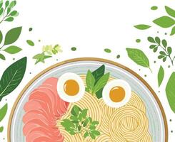 a bowl of ramen with eggs and green leaves with copy space vector
