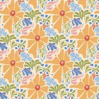 Seamless floral pattern with abstract groovy flowers and leaves. Colorful botanical ornament in folk retro style with yellow, blue, green elements. Elegant decorative background vector