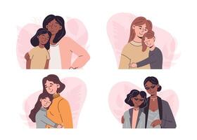Set of isolated diverse mother and daughter illustrations. Loving parent and child embrace in modern flat style. Collection of affectionate family moments with different ethnicities. vector