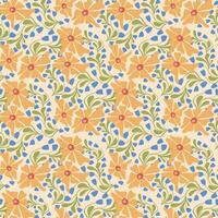 Seamless floral pattern with abstract flowers and leaves. Colorful botanical ornament in folk style with yellow, blue, and green elements. Elegant decorative background for textiles and prints. vector