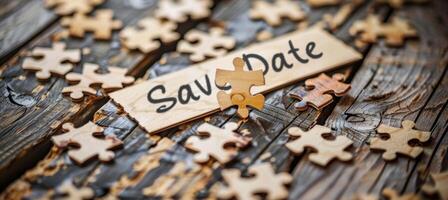 Creative Save the Date Puzzle Invitation on Rustic Wooden Table for Unique Wedding Announcements photo