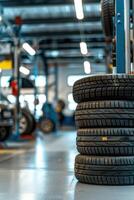 Efficient Auto Repair Shop with Neatly Stacked Tires for Installation photo