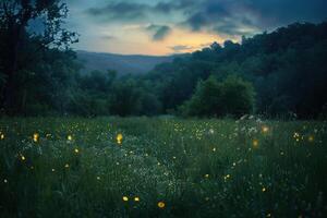 Enchanting Twilight Meadow with Glowing Fireflies - Nature's Magical Evening Scene for Wall Art photo