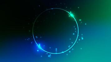 Neon circle frame with shining effects and sparkles on dark green background. Empty glowing techno backdrop. illustration vector