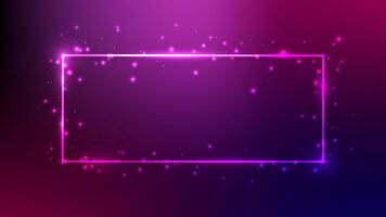 Neon rectangular frame with shining effects and sparkles on dark purple background. Empty glowing techno backdrop. illustration vector