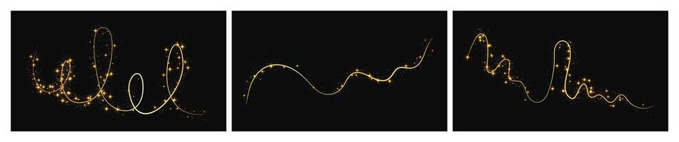Gold glittering confetti wave. Set of three backdrops with golden magical sparkles on dark background. illustration vector