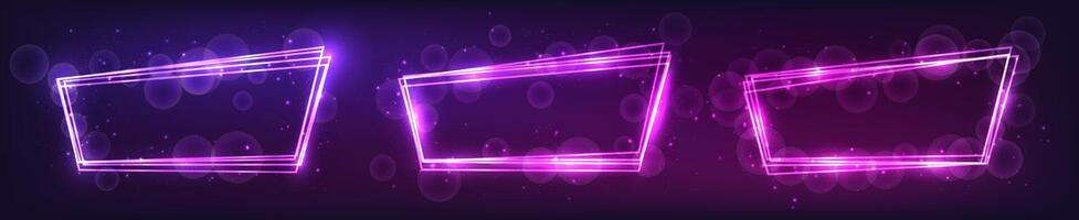 Set of three neon frames with shining effects and sparkles on background. Empty glowing techno backdrop. illustration vector