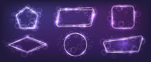 Set of six neon in different geometric forms with shining effects and sparkles on dark background. Empty glowing techno backdrop. illustration vector