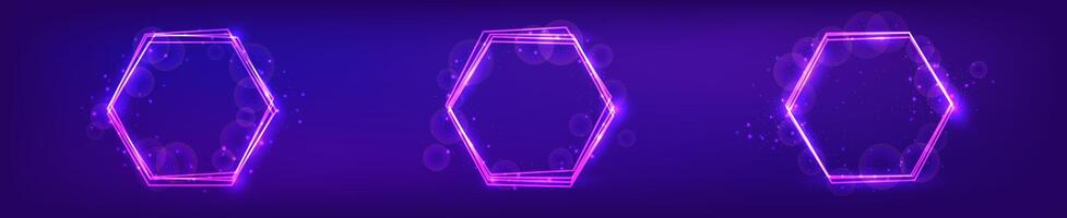 Set of three neon hexagon frames with shining effects and sparkles on dark background. Empty glowing techno backdrop. illustration vector