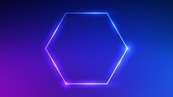 Neon hexagon frame with shining effects on dark blue background. Empty glowing techno backdrop. illustration vector