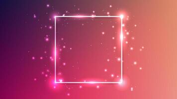 Neon square frame with shining effects and sparkles on red background. Empty glowing techno backdrop. illustration vector