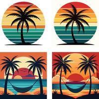 Retro-style tropical beach scenes with palm trees and hammocks. vector