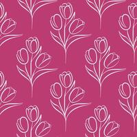 Seamless pattern with tulip flower in line art style on pink background. Floral hand drawn design for textile, wall art, fabric, wedding invitation, cover. vector