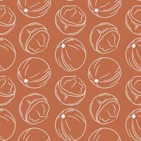 Macadamia seamless pattern in line art style on brown background. Nut hand drawn design for package, merch, wallpaper, menu. vector
