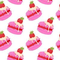 Seamless pattern of pink raspberry macaron with cream and dripping glaze in cartoon style. Sweet dessert design for bakery packaging, fabric, wallpapers, and greeting cards on white background. vector