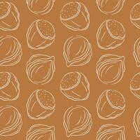 Hazelnuts seamless pattern in line art style on brown background. Nuts texture for grocery shop, menu, package, textile. vector