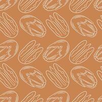 Pecan seamless pattern in line art style. Hand drawn vintage print on brown background for food store, menu, textile. vector