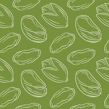 Seamless pattern pistachio in line art style on green background. Hand drawn nut design for card, package, food store. vector