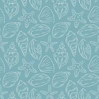 Seashell seamless pattern in line art style on turquoise background. Hand drawn undersea shell repeat texture for summer design. vector