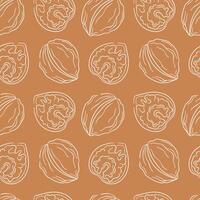 Walnut line art style seamless pattern on brown background. Hand drawn nut illustration for wrapping, fabric, textile, card, menu, food store. vector