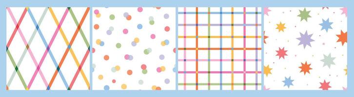 Nursery abstract seamless patterns collection with checkered stripes, dots, stars. Good for birthday prints, wallpaper, decor, planners, stationery, wrapping paper, textile prints, etc. EPS 10 vector