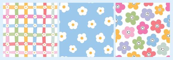 Retro flowers seamless patterns collection for nursery textile prints, kids apparel, wallpaper, bedding, stationery, wrapping paper, digital paper, backgrounds. Spring theme. EPS 10 vector