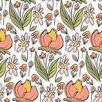 Hand-Drawn Floral Pattern with Delicate Flowers and Green Leaves in a Seamless Botanical Design on White Background vector
