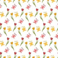 Seamless Floral and Butterfly Pattern with Tulips Spring-Inspired Botanical Design for Fabric, Wallpaper, and Digital Backgrounds vector