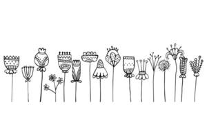 Hand-Drawn Botanical Line Art Abstract Floral Doodle Pattern with Various Stylized Flowers on White Background vector