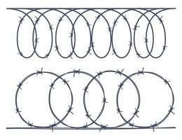 Barbed wire border, sharply barb wire fencing. Prison barbed wire. Twisted steel protective barrier with spikes. Design for military, secure object, prison. illustration. vector
