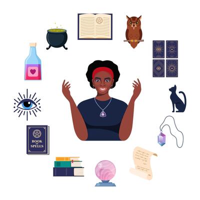 Magician tools. Wizard magic mystery amulet, spell book, black woman fortune teller, crystal ball, evil eye, tarot cards, potion cauldron. illustration.