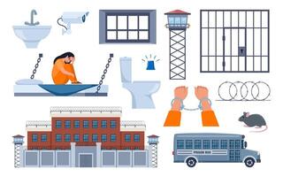 Prison set of elements. Observation tower, bed, prisoner man, window, prison bars, toilet bowl, sink, jail cell, rat, barbed wire, hands in handcuffs, security camera. Penitentiary system icons. . vector