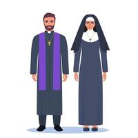 Catholic priest and nun isolated on white. Catholic priest in cassock with cross. Nun In traditional black attire symbolizing religious devotion, modesty, and spiritual faith. illustration vector