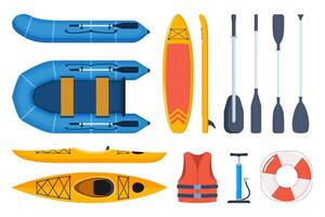 Boats and gear for rafting, Paddle board, kayak and inflatable boat. Basic set for SUP. Inflatable board, paddle, life jacket, pump. illustration. vector